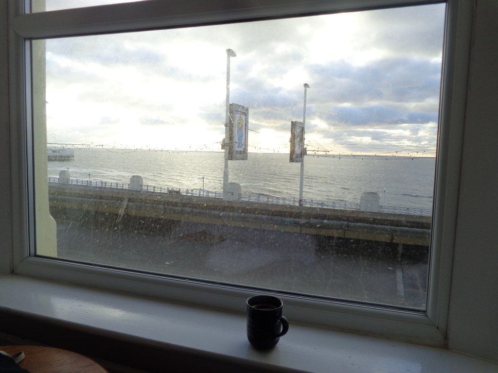 Coffee ready, feet up