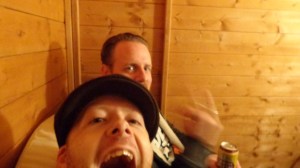 Stu and Greg lark around at the after show.